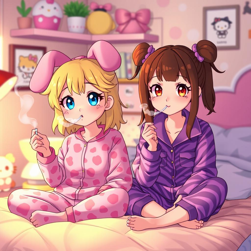 A lively and colorful scene featuring two Sanrio-inspired characters: a playful My Melody teen girl with dirty blonde hair highlighted in red and bright blue eyes, dressed in cute pink cheetah print pajamas, blowing soft puffs of smoke