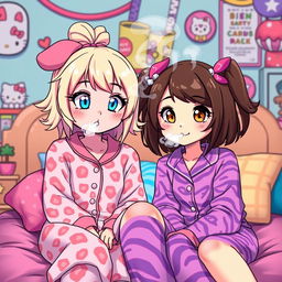 A lively and colorful scene featuring two Sanrio-inspired characters: a playful My Melody teen girl with dirty blonde hair highlighted in red and bright blue eyes, dressed in cute pink cheetah print pajamas, blowing soft puffs of smoke