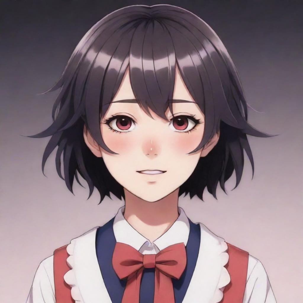 A stylized anime character embodying the 'Yandere' archetype with a sweet appearance, but subtly hinting at a darker personality. No graphic or violent elements included.