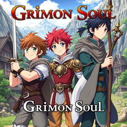 Anime cover titled "Grimon Soul" featuring three 16-year-old boys in a fantasy setting