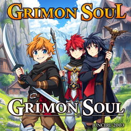 Anime cover titled "Grimon Soul" featuring three 16-year-old boys in a fantasy setting