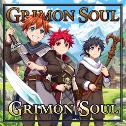 Anime cover titled "Grimon Soul" featuring three 16-year-old boys in a fantasy setting