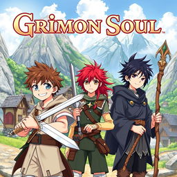 Anime cover titled "Grimon Soul" featuring three 16-year-old boys in a fantasy setting