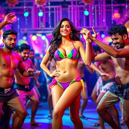 A lively and colorful scene featuring Yami Gautam performing an energetic item song, wearing an eye-catching bikini that highlights her figure