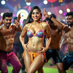 A lively and colorful scene featuring Yami Gautam performing an energetic item song, wearing an eye-catching bikini that highlights her figure