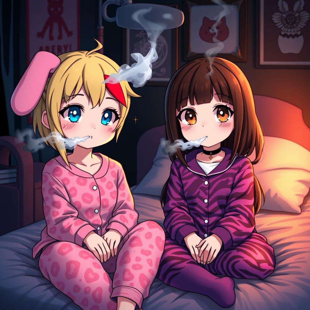 A vivid and stylish scene featuring two Sanrio-inspired characters in a dark, emo-themed room