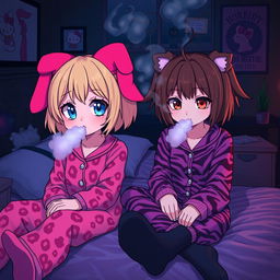 A vivid and stylish scene featuring two Sanrio-inspired characters in a dark, emo-themed room