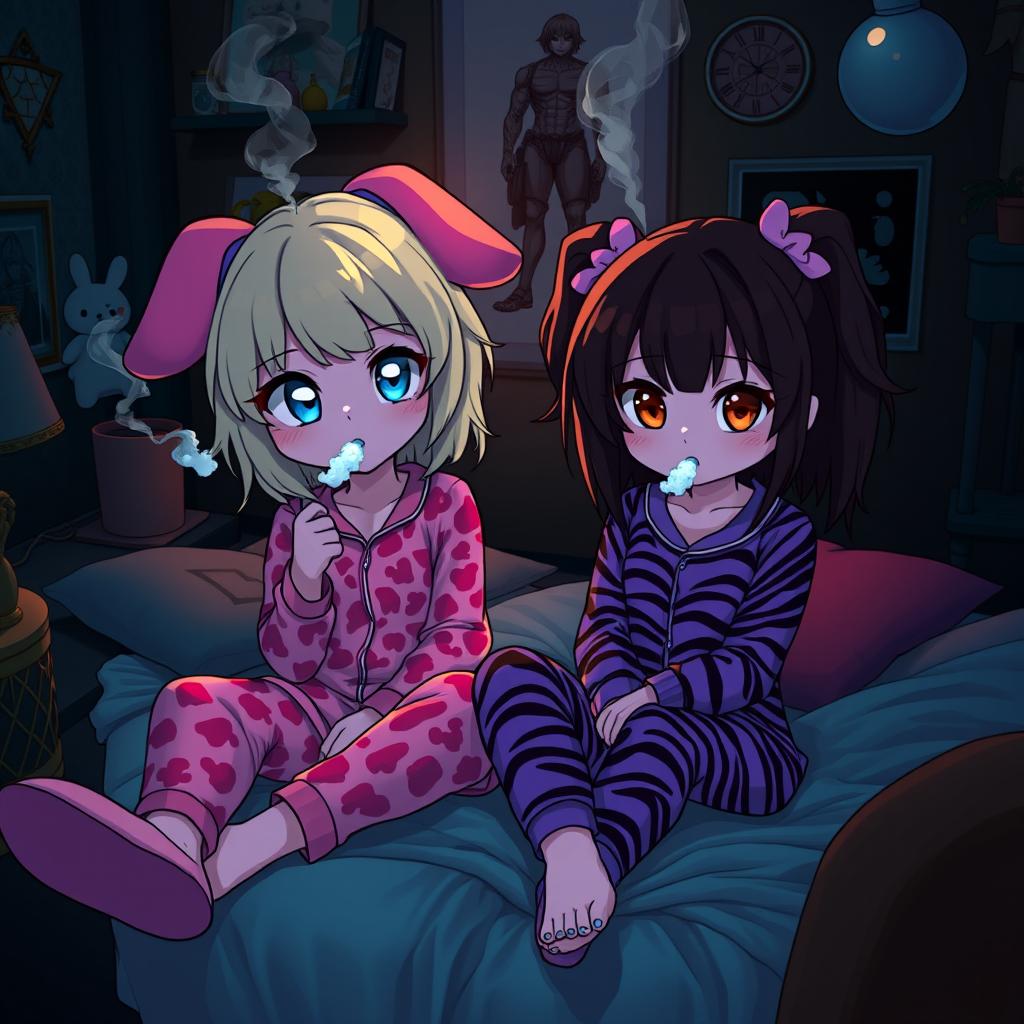 A vivid and stylish scene featuring two Sanrio-inspired characters in a dark, emo-themed room