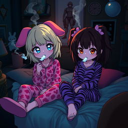 A vivid and stylish scene featuring two Sanrio-inspired characters in a dark, emo-themed room