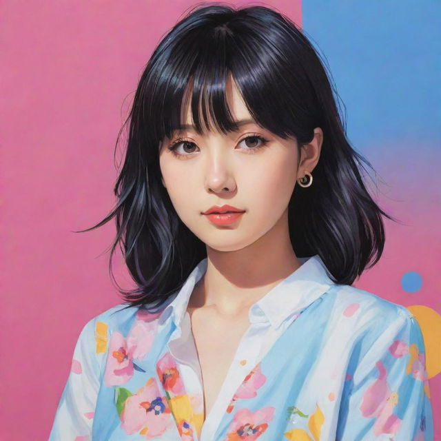 Create a stylish, anime-inspired portrait of Ai Hoshino. Infuse the art with her bright personality and signature features, but avoid explicitly imitating real person’s appearance. Use vibrant colors and backgrounds.