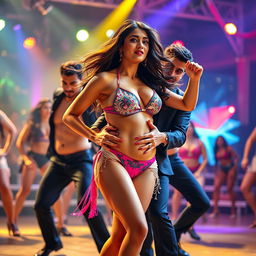 A dynamic scene featuring Yami Gautam performing an exciting item song while wearing a glamorous bikini that highlights her figure