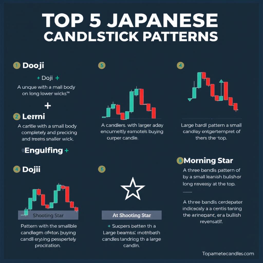 A visually engaging infographic displaying the top 5 Japanese candlestick patterns, highlighting their names and characteristics