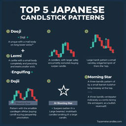 A visually engaging infographic displaying the top 5 Japanese candlestick patterns, highlighting their names and characteristics