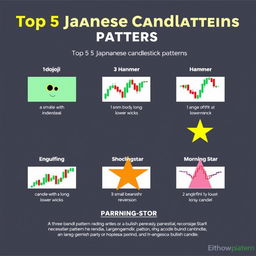 A visually engaging infographic displaying the top 5 Japanese candlestick patterns, highlighting their names and characteristics