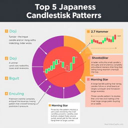 A visually engaging infographic displaying the top 5 Japanese candlestick patterns, highlighting their names and characteristics