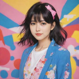 Create a stylish, anime-inspired portrait of Ai Hoshino. Infuse the art with her bright personality and signature features, but avoid explicitly imitating real person’s appearance. Use vibrant colors and backgrounds.