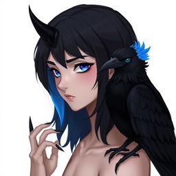 A nonbinary elf with shoulder-length black hair, featuring a striking blue streak along the left side of their head