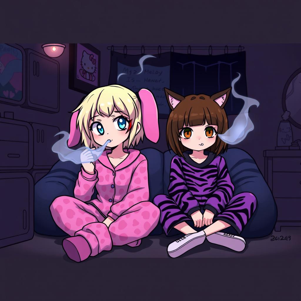 A vibrant and edgy scene featuring two Sanrio-inspired teen characters in a dark, emo-themed room