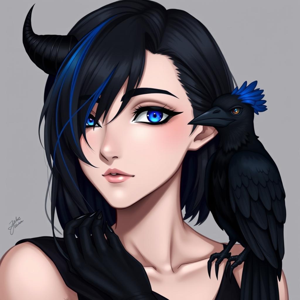 A nonbinary elf with shoulder-length black hair, featuring a striking blue streak along the left side of their head