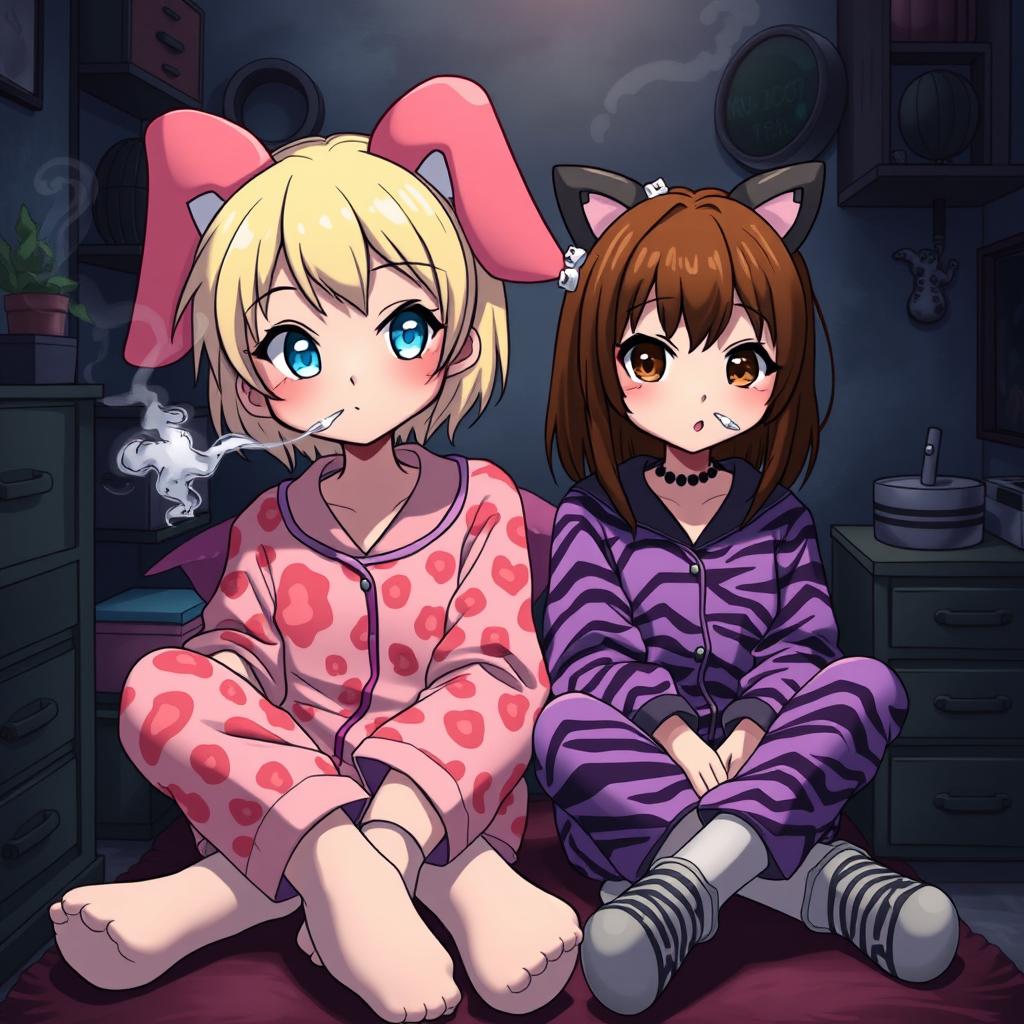 A vibrant and edgy scene featuring two Sanrio-inspired teen characters in a dark, emo-themed room