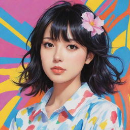 Create a stylish, anime-inspired portrait of Ai Hoshino. Infuse the art with her bright personality and signature features, but avoid explicitly imitating real person’s appearance. Use vibrant colors and backgrounds.