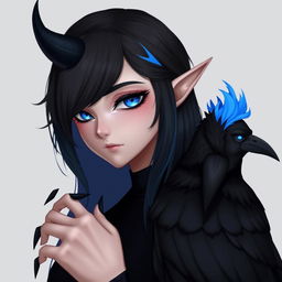 A nonbinary elf with shoulder-length black hair, featuring a striking blue streak along the left side of their head