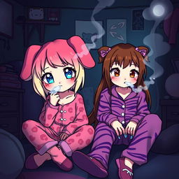 A vibrant and edgy scene featuring two Sanrio-inspired teen characters in a dark, emo-themed room