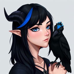 A nonbinary elf with shoulder-length black hair, featuring a striking blue streak along the left side of their head