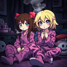 A vibrant and edgy scene featuring two Sanrio-inspired teen characters in a dark, emo-themed room