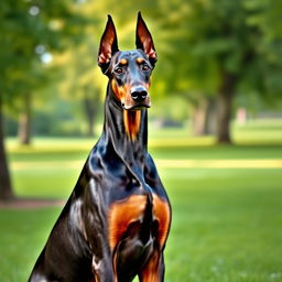 A highly detailed and realistic image of a majestic Doberman, showcasing its characteristic features such as a sleek black and tan coat, strong physique, and alert expression