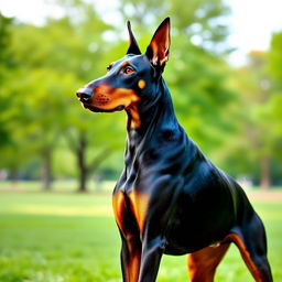 A highly detailed and realistic image of a majestic Doberman, showcasing its characteristic features such as a sleek black and tan coat, strong physique, and alert expression