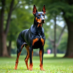 A highly detailed and realistic image of a majestic Doberman, showcasing its characteristic features such as a sleek black and tan coat, strong physique, and alert expression