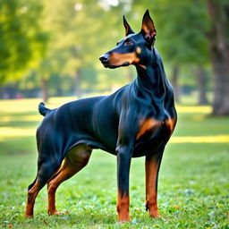 A highly detailed and realistic image of a majestic Doberman, showcasing its characteristic features such as a sleek black and tan coat, strong physique, and alert expression