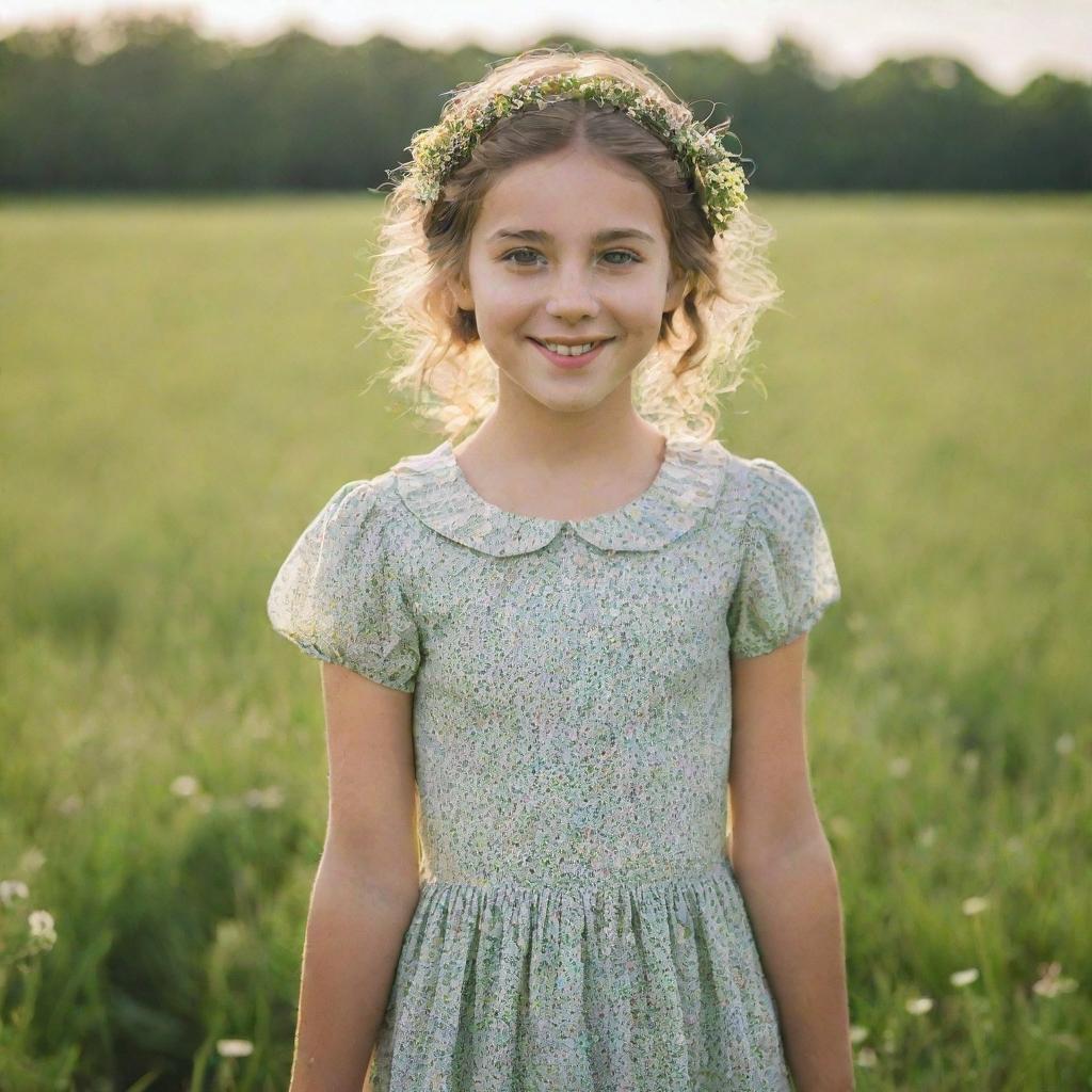 A girl in a serene setting showcasing her expressive eyes and playful smile, wearing a vintage dress with flowers in hair standing in an open green field with sunlight filtering through.