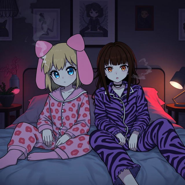 An edgy and stylish scene featuring two adult Sanrio-inspired characters in a dark, emo-themed room