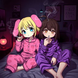 An edgy and stylish scene featuring two adult Sanrio-inspired characters in a dark, emo-themed room