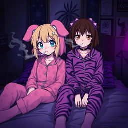 An edgy and stylish scene featuring two adult Sanrio-inspired characters in a dark, emo-themed room