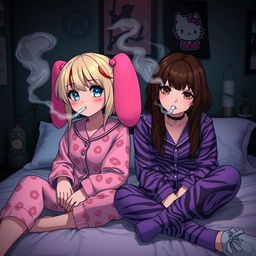 An edgy and stylish scene featuring two adult Sanrio-inspired characters in a dark, emo-themed room