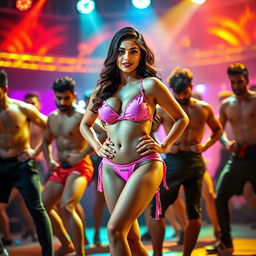 An electrifying performance scene featuring Yami Gautam in a stylish bikini, captivating the audience during an item song