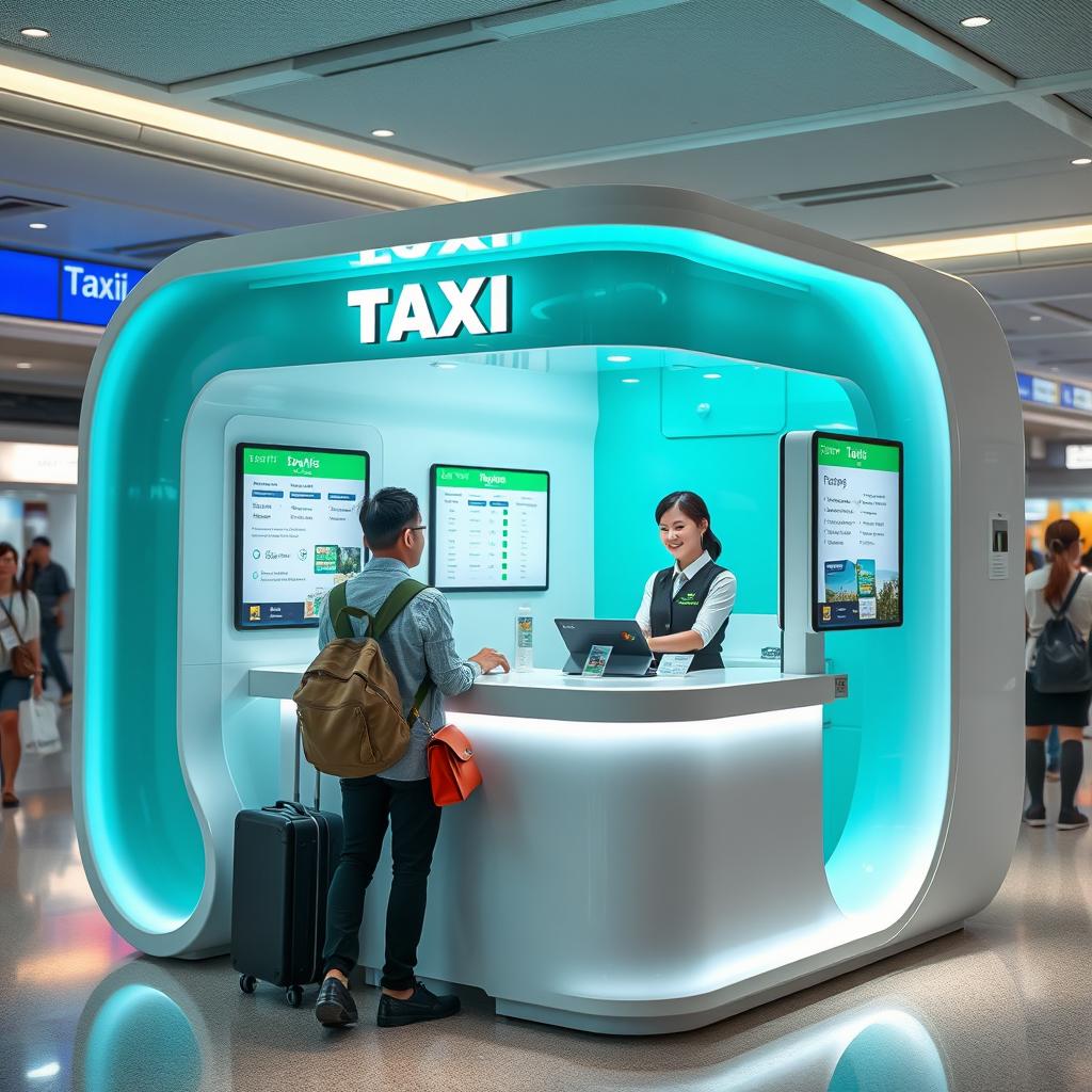 An indoor small airport taxi booth designed for customer service, featuring a contemporary style with a color scheme of cyan and white