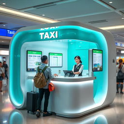 An indoor small airport taxi booth designed for customer service, featuring a contemporary style with a color scheme of cyan and white