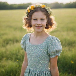 A girl in a serene setting showcasing her expressive eyes and playful smile, wearing a vintage dress with flowers in hair standing in an open green field with sunlight filtering through.