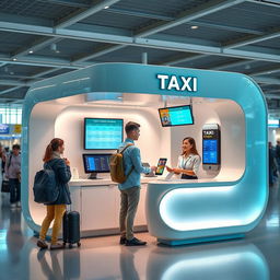 An indoor small airport taxi booth designed for customer service, featuring a contemporary style with a color scheme of cyan and white