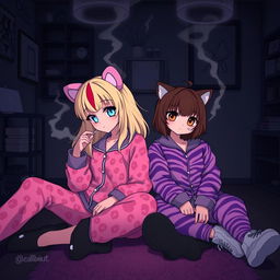 A fashionable and edgy scene featuring two adult Sanrio-inspired characters in a dark, emo-themed room