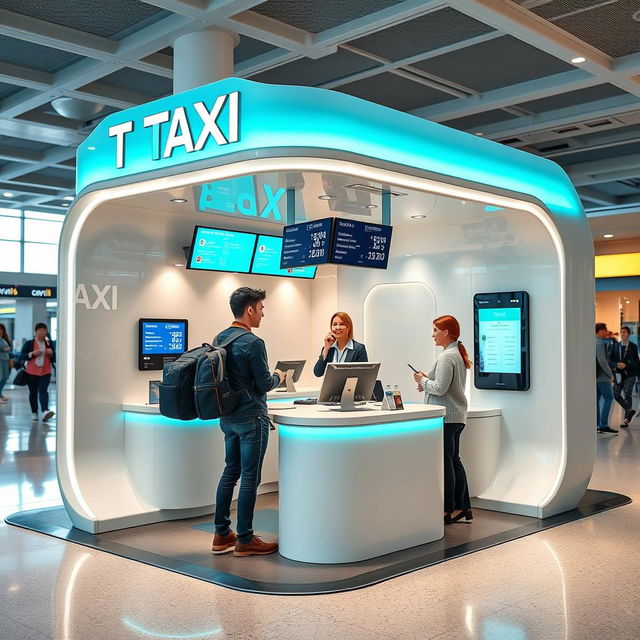 An indoor small airport taxi booth designed for customer service, featuring a contemporary style with a color scheme of cyan and white