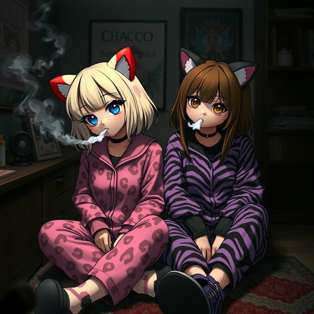 A fashionable and edgy scene featuring two adult Sanrio-inspired characters in a dark, emo-themed room