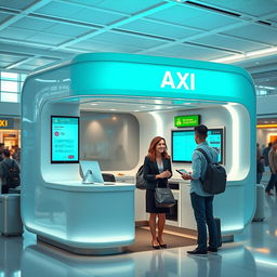 An indoor small airport taxi booth designed for customer service, featuring a contemporary style with a color scheme of cyan and white