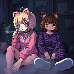 A fashionable and edgy scene featuring two adult Sanrio-inspired characters in a dark, emo-themed room