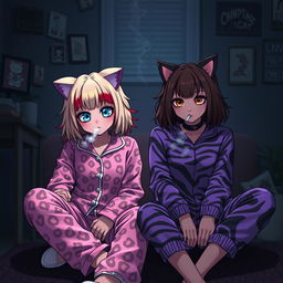 A fashionable and edgy scene featuring two adult Sanrio-inspired characters in a dark, emo-themed room