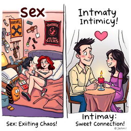 A humorous cartoon illustrating the differences between sex and intimacy